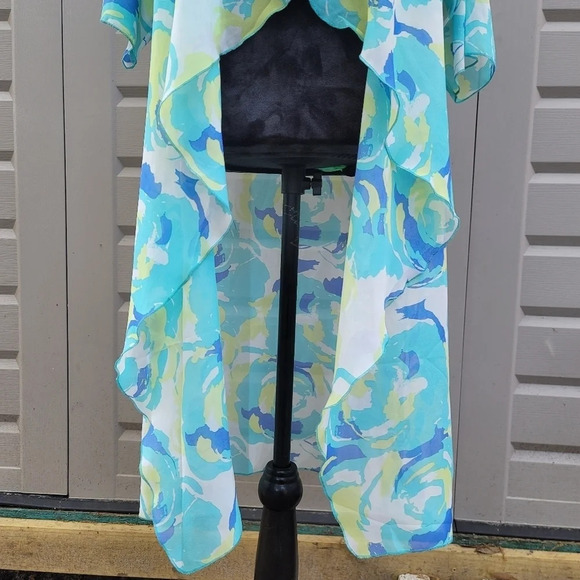 LulaRoe Women's Aqua Blue Yellow Floral Sheer Open Front Kimono Size Small - Picture 7 of 11